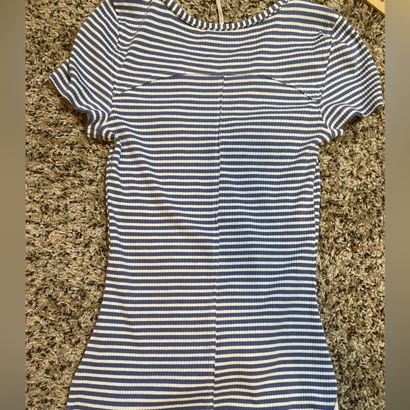 Free People Blue & White Striped Short Sleeve V Neck - Picture 3 of 8
